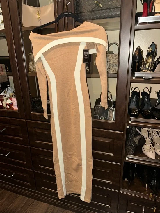 JLUXLABEL Camel Maxi Bodycon Dress with White Panels - Picture 3 of 3